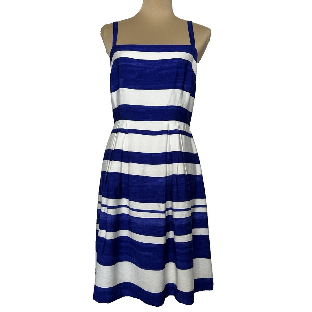 Loft Sleeveless‎ Dress Striped Blue White Square Neck Fit Flare Size 8